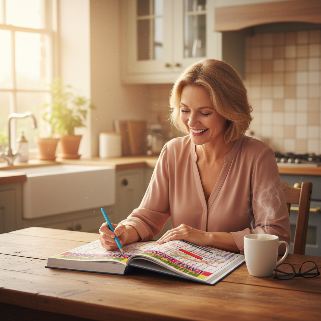 Middle-aged woman enjoying an A4 Bumper Word Search Book at the kitchen table with a coffee