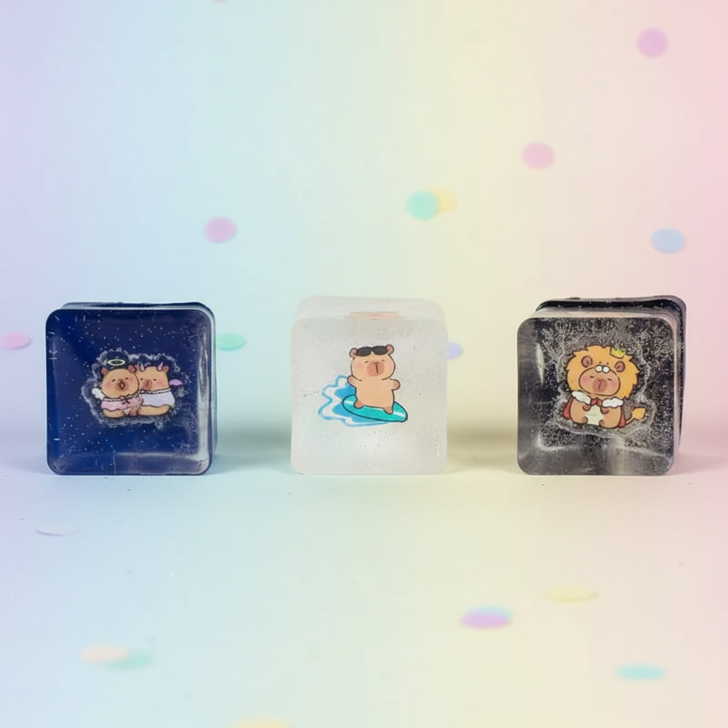Three glittery resin Cutie Cube toys with cute capybara characters on pastel background