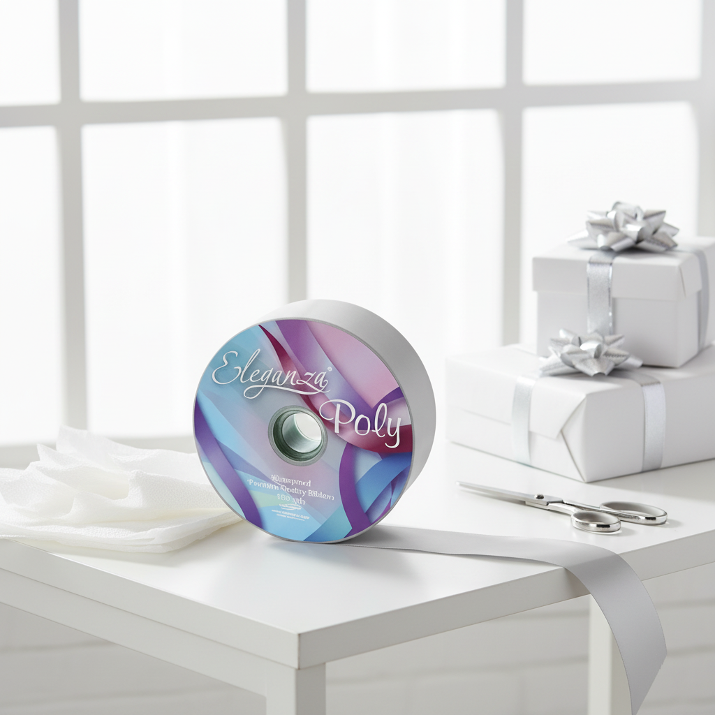 Eleganza Silver Poly Ribbon 50mm spool on a gift-wrapping table with wrapped boxes and silver bows, natural daylight