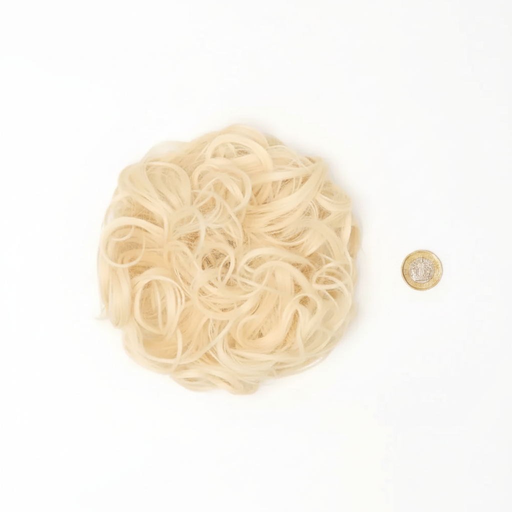 613 Daisy platinum blonde curly messy hair bun flat lay beside a £1 coin on white background showing product size and scale