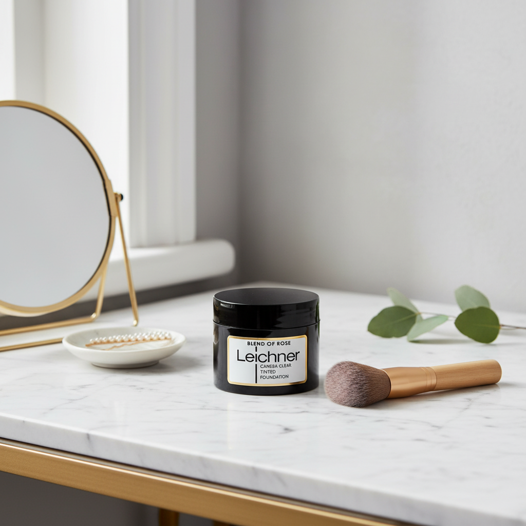 Leichner Camera Clear Tinted Foundation on a marble vanity dressing table with natural window light