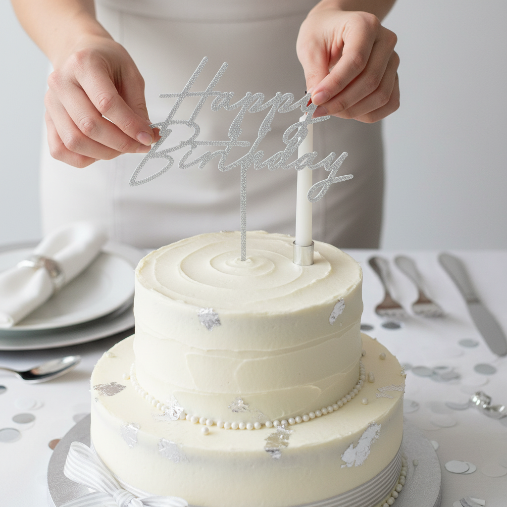 Person's hands placing a silver glitter acrylic Happy Birthday cake topper onto a birthday cake in an elegant celebratory setting