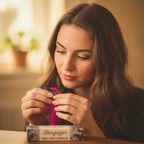 Woman clipping in fuchsia Stargazer hair extension, candid authentic moment with bokeh background