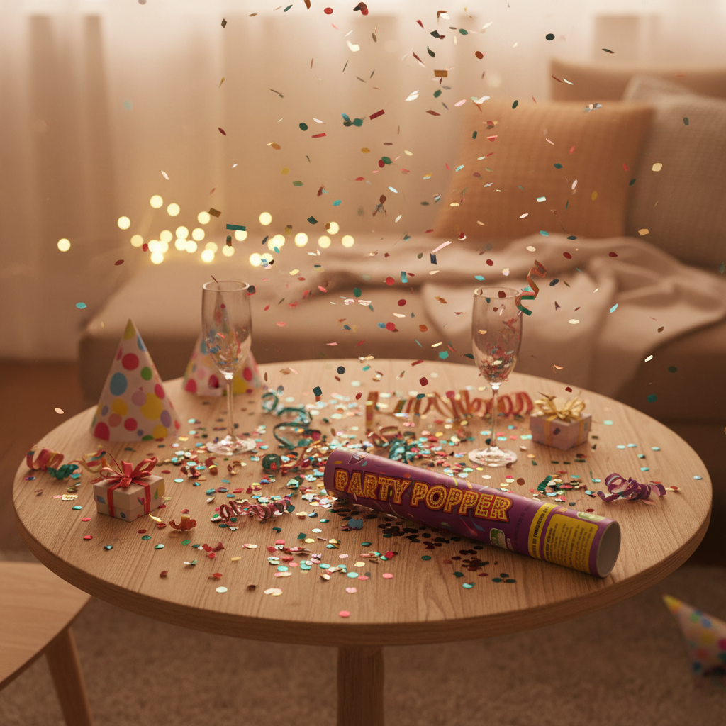 Multicolour confetti scattered across party table after firing confetti cannon