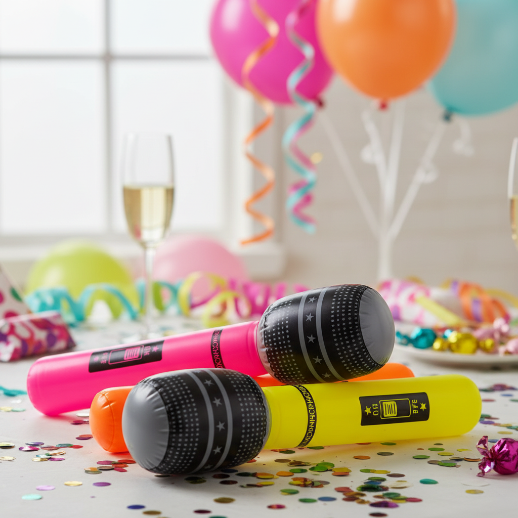 Four neon inflatable microphones arranged on a party table with confetti and balloons — natural window light, rule of thirds composition