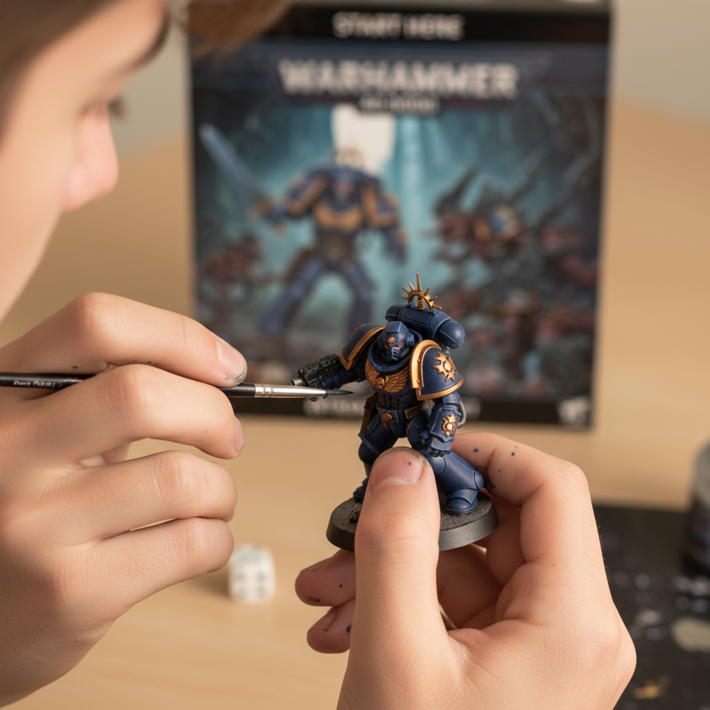 Close-up of hands carefully painting a deep navy blue Space Marine miniature with antique gold trim from the Warhammer 40,000 Introductory Set, box softly visible in background