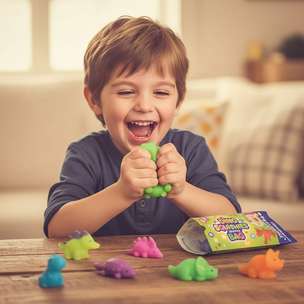 Happy child squeezing a lime green squishy dinosaur toy with colourful dino squishies and surprise bag on wooden table