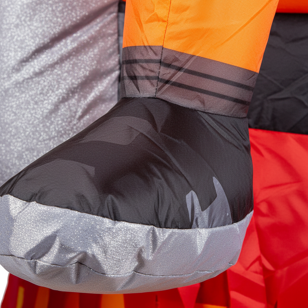 Extreme macro close-up of Inflatable Rocket Man silver metallic fabric texture and red rocket detail