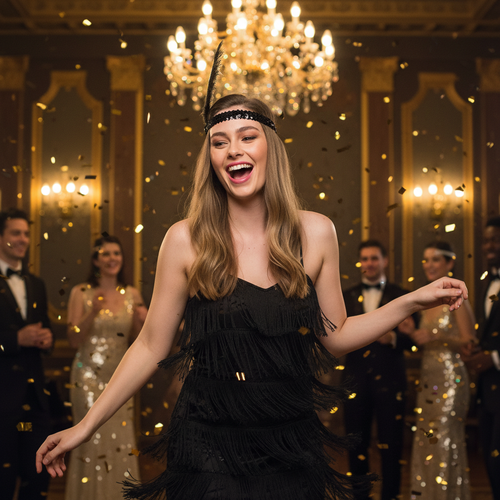Woman wearing black flapper feather headband dancing at a 1920s Gatsby themed party