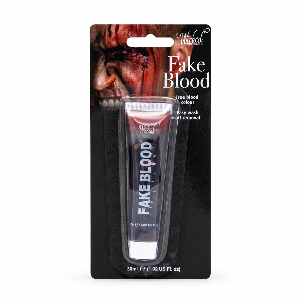 Wicked Costumes 30ml fake blood tube in black blister packaging on a white background
