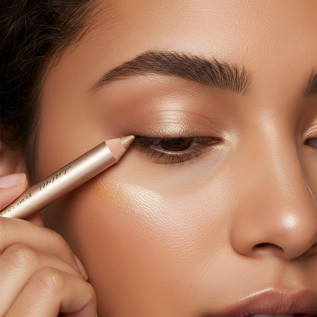 Woman applying Laval Pearl Topaz eyeshadow pencil to create warm golden eye makeup look