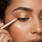 Woman applying Laval Pearl Topaz eyeshadow pencil to create warm golden eye makeup look