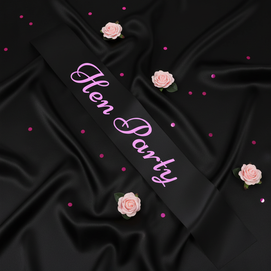 Black hen party sash with pink writing displayed on black satin with pink roses and confetti
