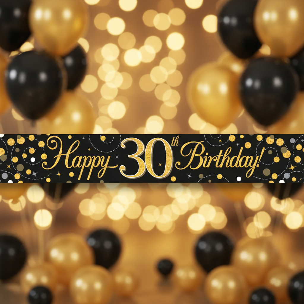 9ft Sparkling Fizz 30th Birthday Banner in black and gold holographic - premium party decoration