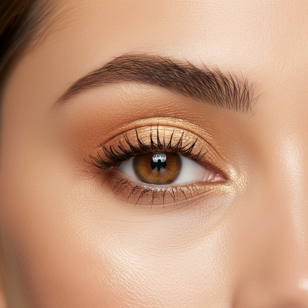 Beautiful eye makeup featuring Laval Pearl Eye Shader Topaz golden shimmer eyeshadow finish