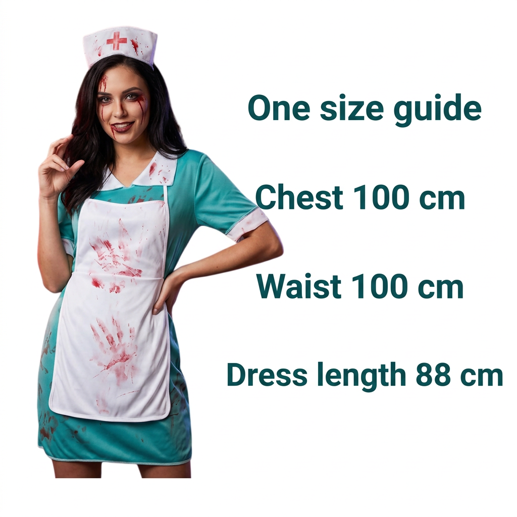 A woman modeling a teal nurse costume dress with a white blood-splattered apron and nurse hat, with dark teal text on the right listing size measurements: chest 100 cm, waist 100 cm, dress length 88 cm.