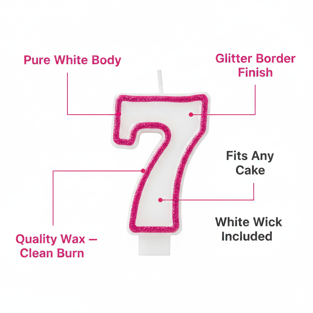 Premium feature infographic of pink glitter number 7 birthday candle with plain white body highlighting key features