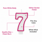 Premium feature infographic of pink glitter number 7 birthday candle with plain white body highlighting key features