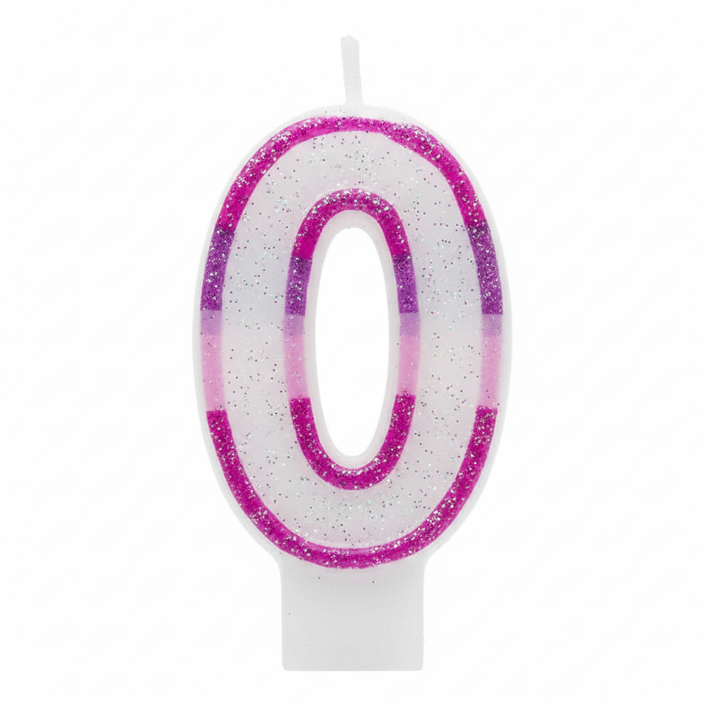 Pink glitter number 0 birthday candle on pure white background, studio hero shot