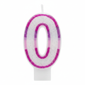 Pink glitter number 0 birthday candle on pure white background, studio hero shot