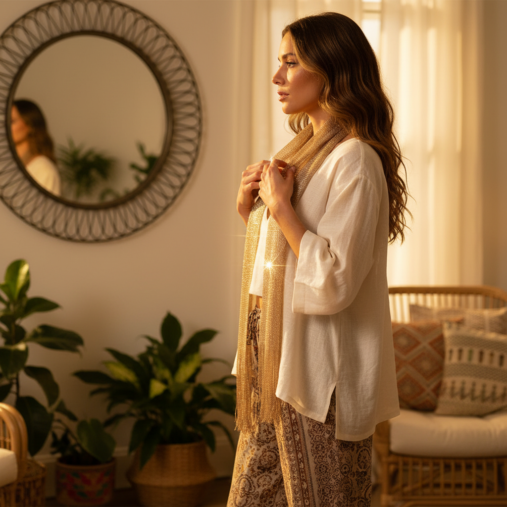 Stylish woman wrapping a metallic gold long scarf with fringe in a cozy boho home interior with warm ambient lighting