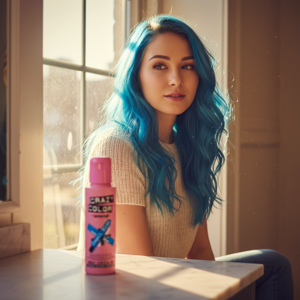 Young woman with vivid teal-blue Capri Blue hair sitting by a sunlit window, Crazy Color Capri Blue hair dye bottle on vanity in foreground, golden hour light