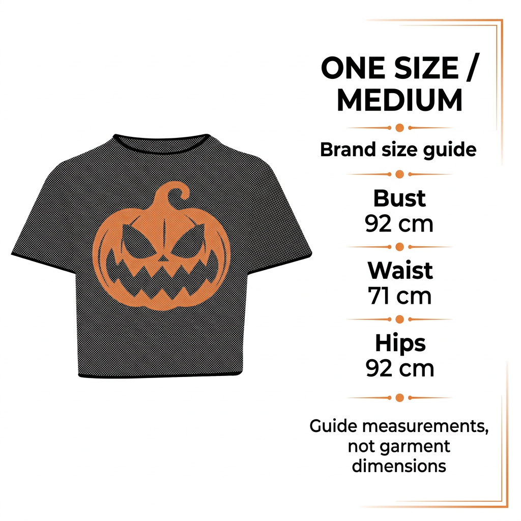 Pumpkin crop top beside One Size Medium brand guide measurements: bust 92 cm, waist 71 cm and hips 92 cm.