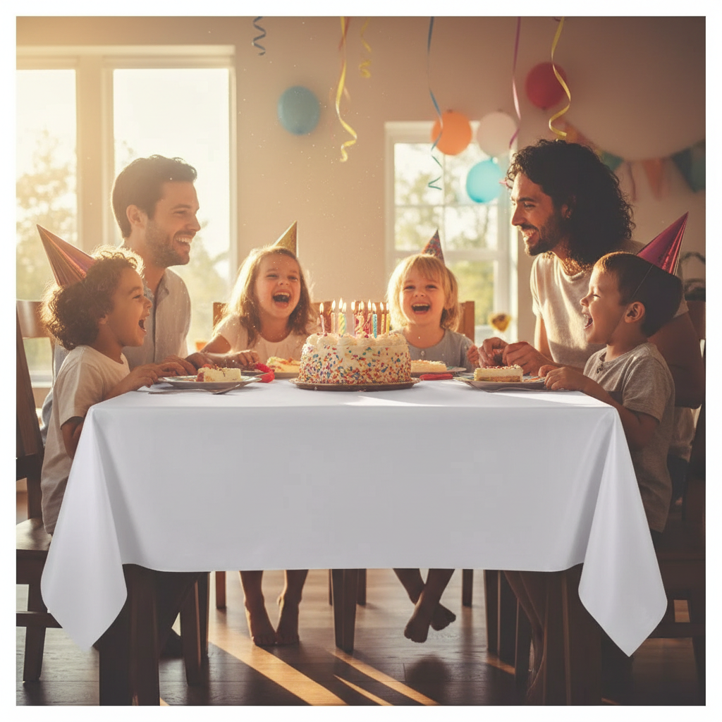 Joyful family birthday celebration around a table covered with a white plastic tablecloth, golden hour light