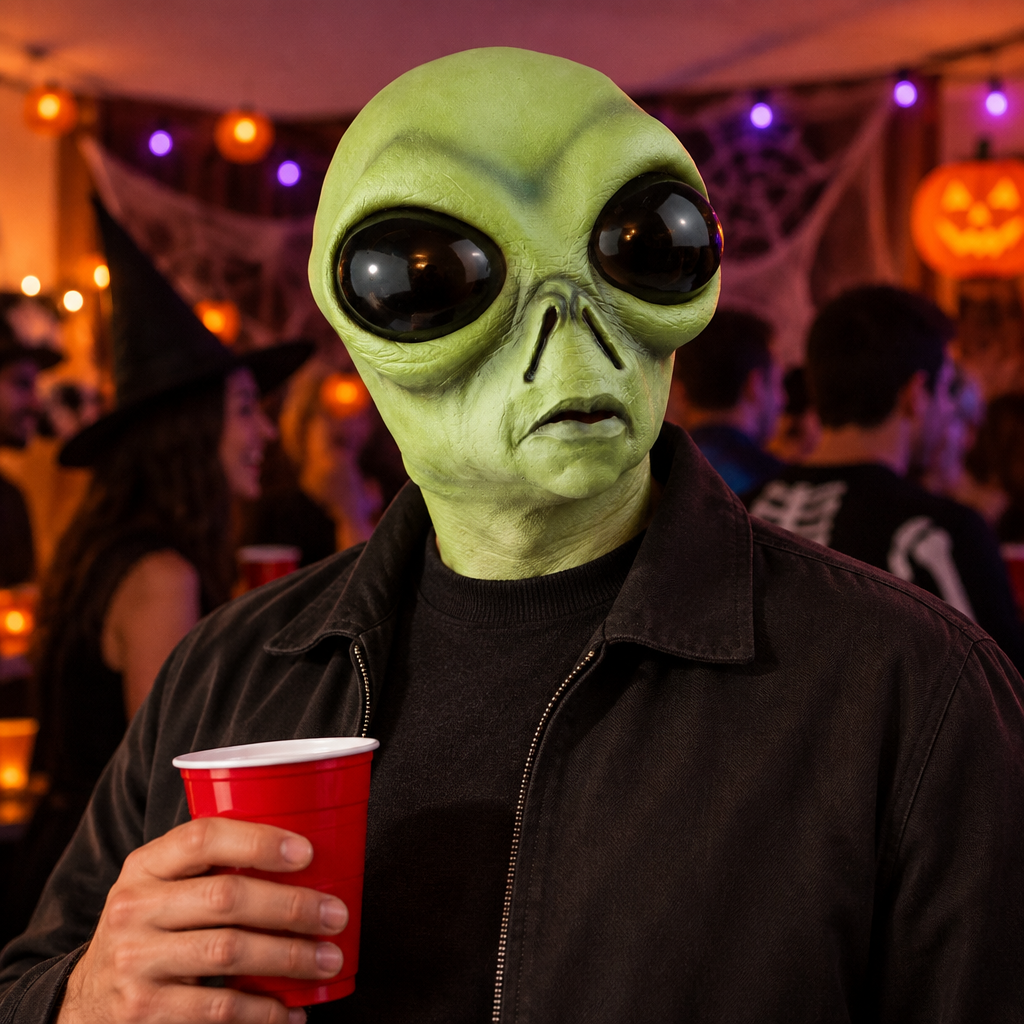 Adult wearing the green bug-eye alien mask at a Halloween party
