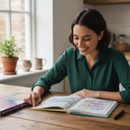 Person smiling with completed A5 Mega Wordsearch Puzzle Book page, satisfied expression