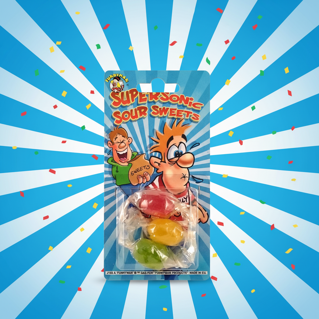 Funnyman Supersonic Sour Sweets blue sunburst blister card with comic cartoon characters and individually wrapped colourful hard boiled sweets