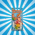 Funnyman Supersonic Sour Sweets blue sunburst blister card with comic cartoon characters and individually wrapped colourful hard boiled sweets