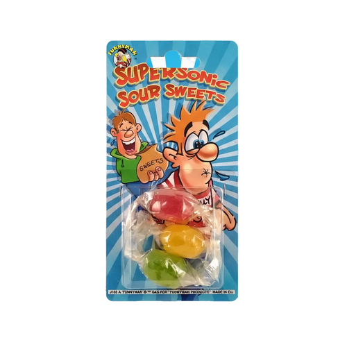 Funnyman Supersonic Sour Sweets blue sunburst blister card with comic cartoon characters and individually wrapped colourful hard boiled sweets