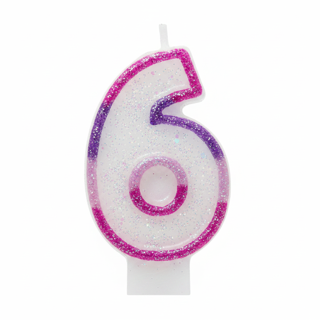 Pink glitter number 6 birthday candle on white background, pearlescent iridescent body with hot pink border and purple inner outline, studio hero shot