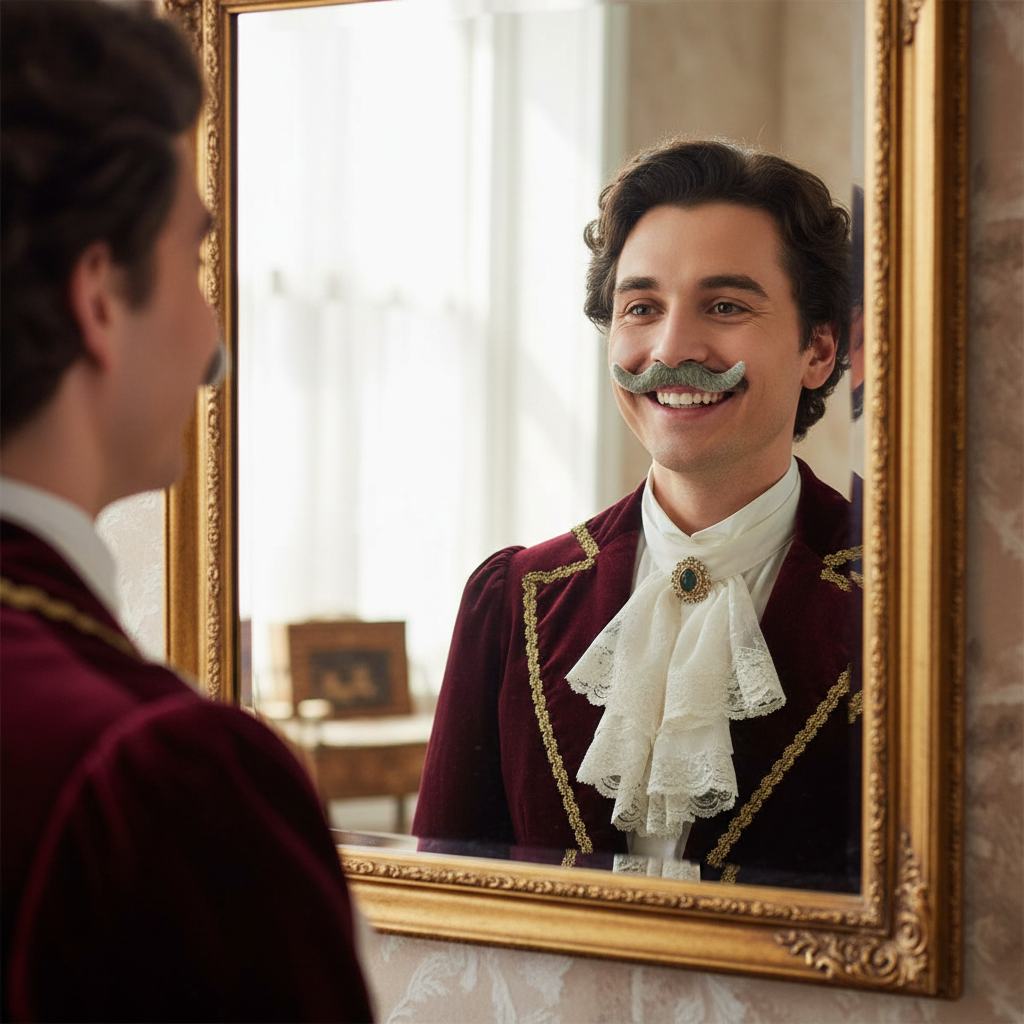 Person wearing a grey fancy dress moustache smiling at their reflection in a mirror – fun costume transformation result