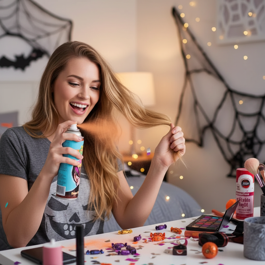 Person applying Party Success orange temporary hair colour spray - easy application for instant transformation