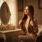 Woman with long silky caramel brown hair at vanity mirror in golden hour light, aspirational hair extension lifestyle scene