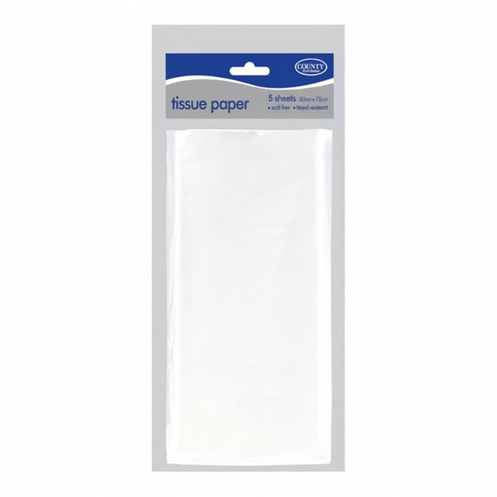 White Tissue Paper 50cm x 75cm Pack of 5 by County Stationery on a pure white background, product centred, studio lighting