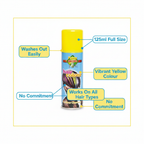 Party Success Yellow Hair Colour Spray 125ml feature infographic showing key benefits: washes out easily, 125ml full size, vibrant yellow colour, works on all hair types