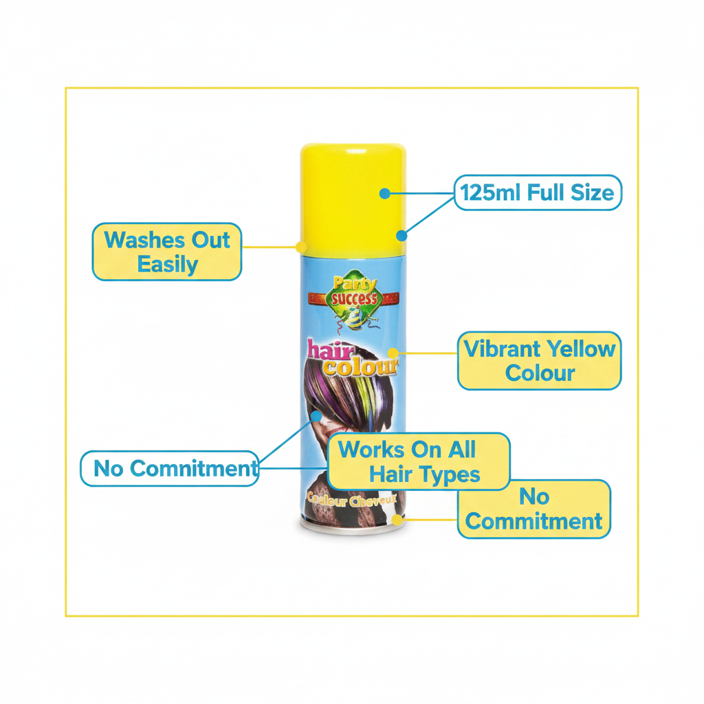 Party Success Yellow Hair Colour Spray 125ml feature infographic showing key benefits: washes out easily, 125ml full size, vibrant yellow colour, works on all hair types