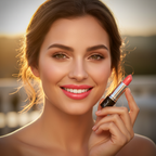 Radiant woman with vibrant coral lips holding Laval Coral Cloud 14 in warm golden hour light
