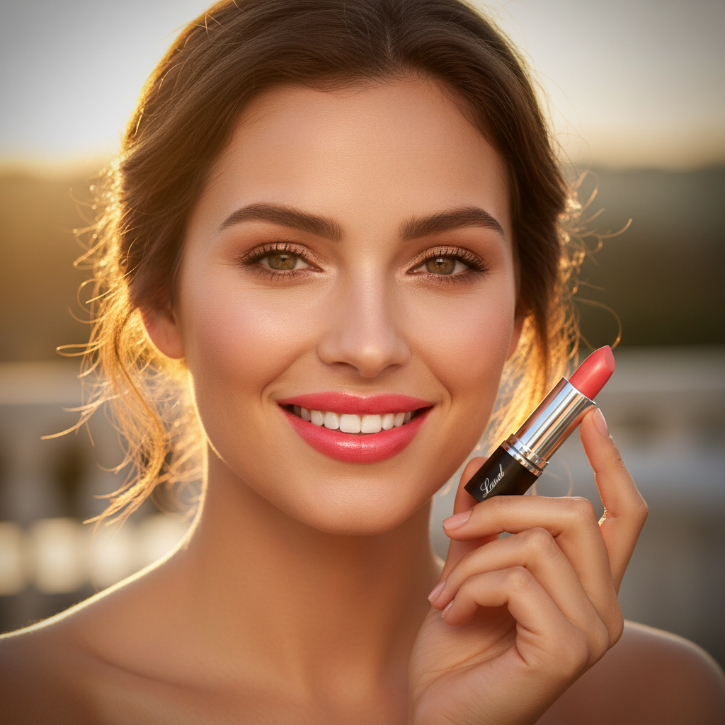 Radiant woman with vibrant coral lips holding Laval Coral Cloud 14 in warm golden hour light