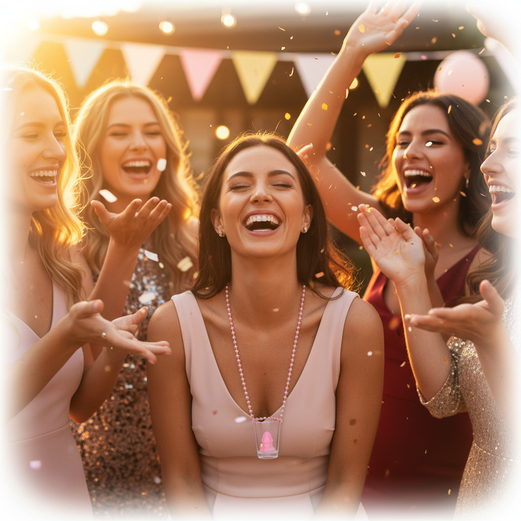 Bride-to-be wearing pink bead necklace with shot glass pendant celebrating joyfully with friends at a hen party, golden hour light