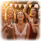 Bride-to-be wearing pink bead necklace with shot glass pendant celebrating joyfully with friends at a hen party, golden hour light