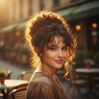 Confident woman with beautiful chocolate brown curly updo hair bun shade 4 Chocolate Dahlia in golden hour light, aspirational lifestyle scene