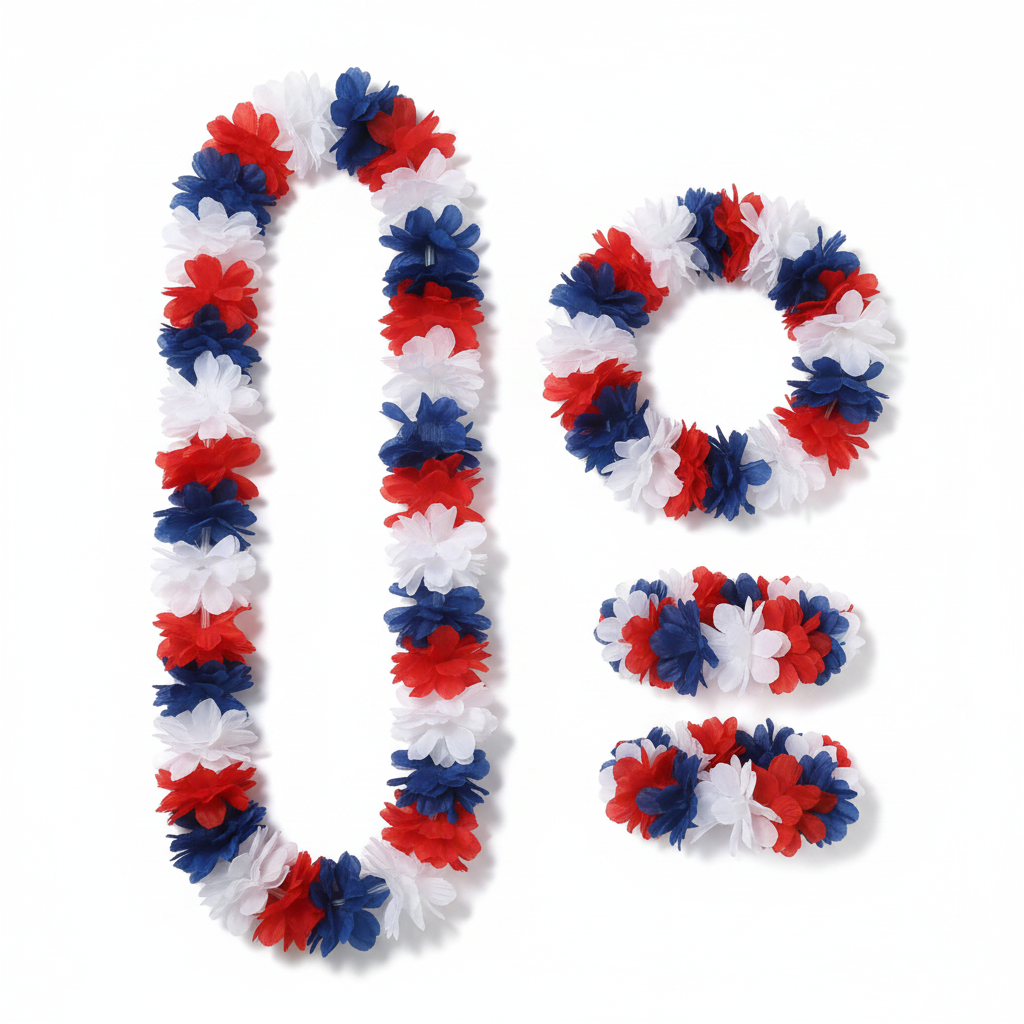 Red, white and blue Hawaiian lei 4pc set on pure white background — studio hero shot, Amazon/eBay compliant