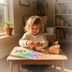 Young child playing shop with Sterling Play Money notes and coins at a wooden table in warm golden hour light