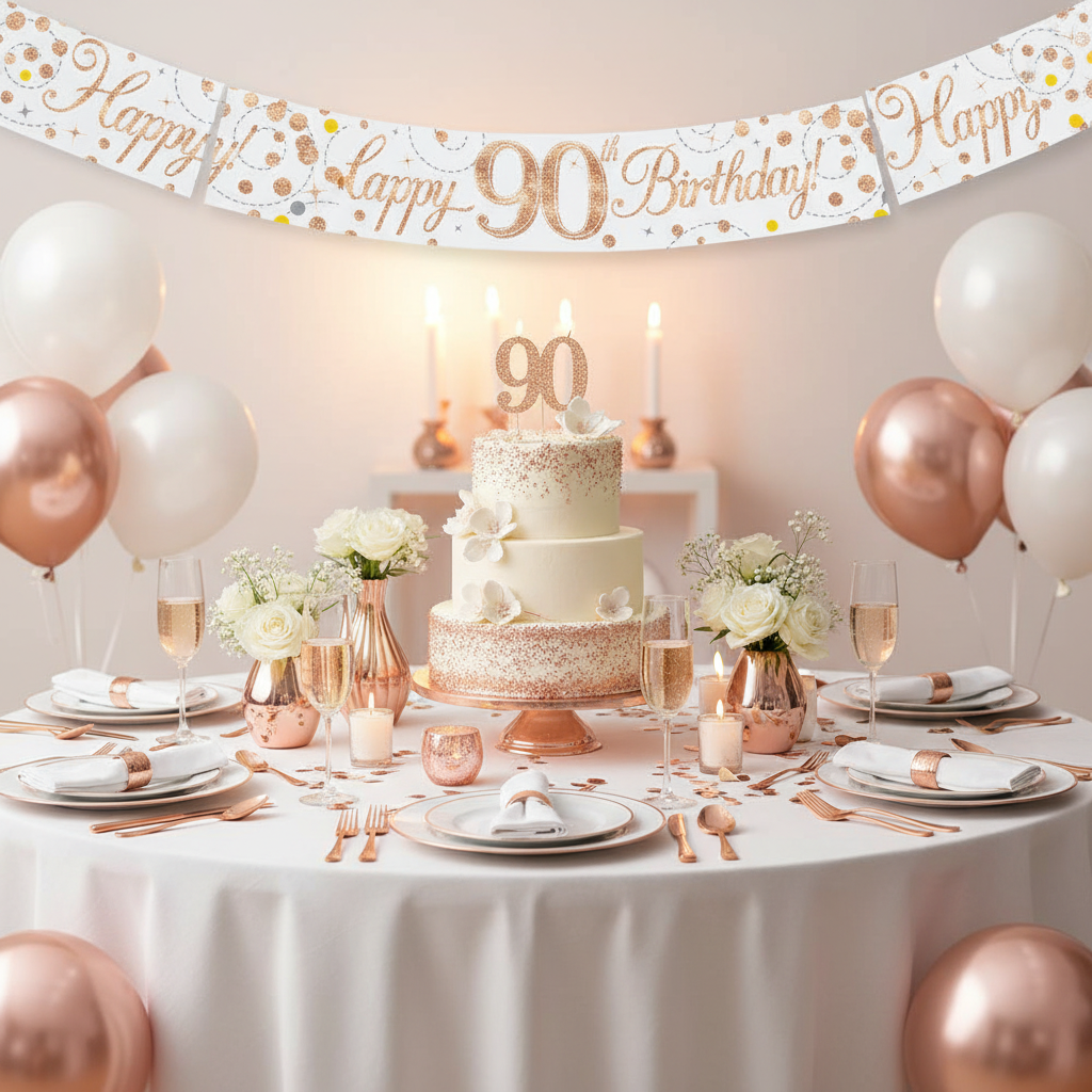 Elegant 90th birthday party table with Sparkling Fizz banner and rose gold decorations
