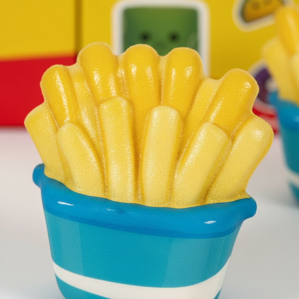 Extreme macro close-up of slow rise squishy fast food toy showing soft foam texture and material quality