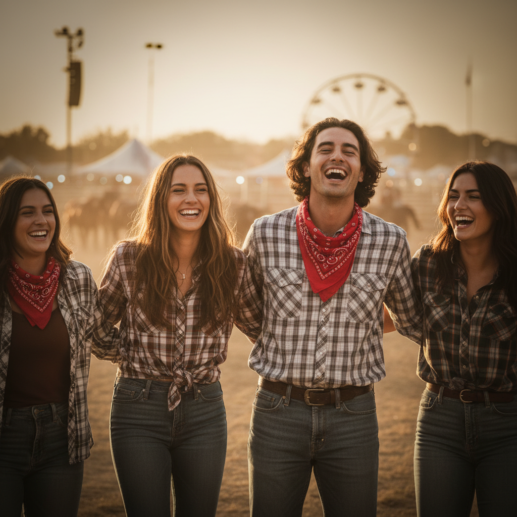Friends at outdoor festival with red and white paisley bandana, golden hour light, joyful moment